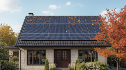 Haus mit Laub auf der PV-Anlage