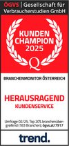 Siegel ÖGVS Gesellschaft für Verbraucherstudien GmbH Kundenchampion 2025 Herausragend Kundenservice