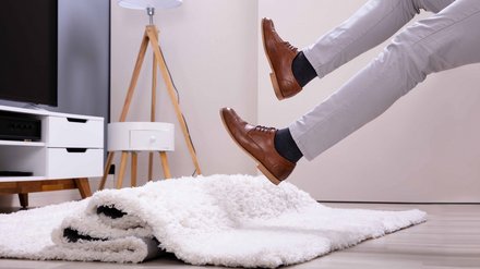 Unfall durch rutschenden Teppich (Shutterstock 1462384373_Andrey Popov